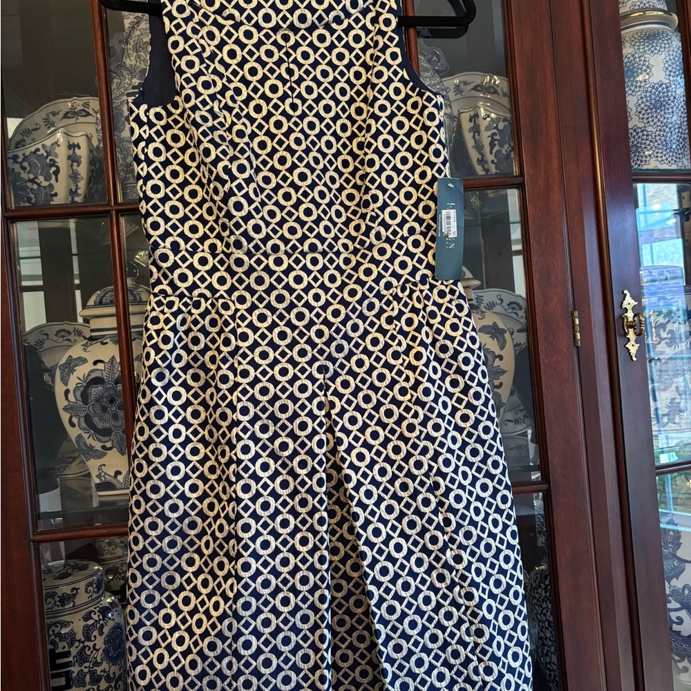 Ralph Lauren Dress Navy Blue Gold Metallic Geometric Evening Cocktail size 4.